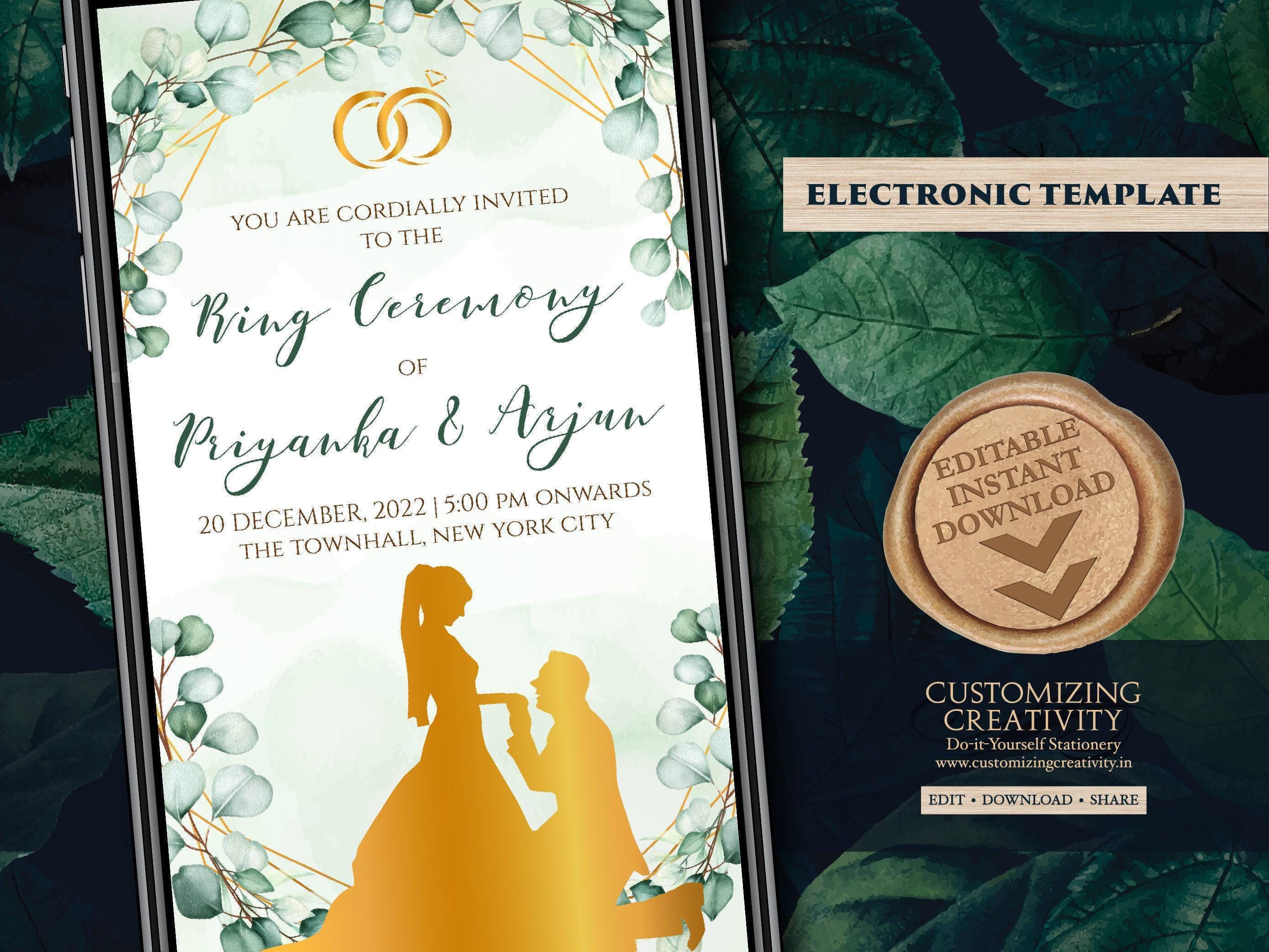 Ring Ceremony cards & Roka Card Digital, Ring Ceremony invite as Hindu Engagement invites, Indian Engagement Cards as Engagement Invitations