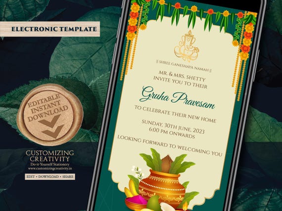 Indian Housewarming Invitation: Gruha Pravesh Pooja (Digital Template)