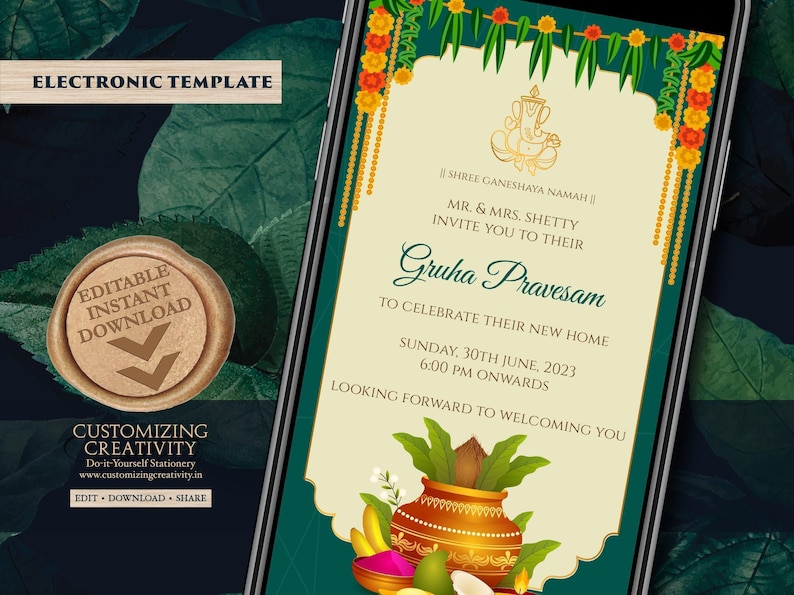 Indian Housewarming Invitation: Gruha Pravesh Pooja (Digital Template) image 1