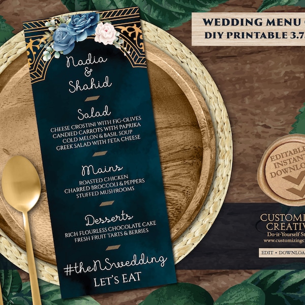 Navy Menu Cards Wedding as Moroccan Menu cards, Navy Table Menu Jewel Tone & Menu card Nikkah template, Nikah Menu card Moroccan Dinner Navy