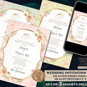 Invitations indiennes Elephant comme cartes florales Elephant Hindu wedding, Pastel Invitations as Elephant Wedding Invite Indian Floral, Shaadi Card