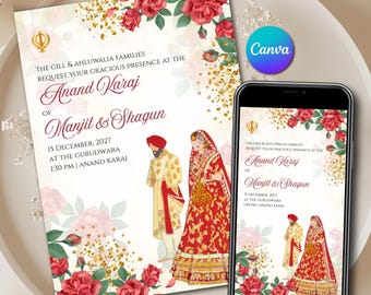 Anand Karaj Invitation Template Digital Instant Download as Canva Sikh Wedding Card & Red Floral Punjabi Couple Printable invite template