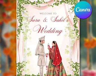 Modello di cartello di benvenuto per matrimonio indiano, cartello per sposi indiani modificabile su Canva, cartello di benvenuto per matrimonio indù verde cipria download immediato