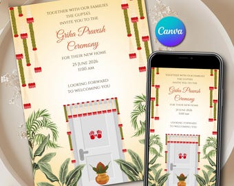 Modello digitale di invito Griha Pravesh, invito di inaugurazione della casa indiana, modello Canva modificabile download stampabile, carta Gruhapravesam