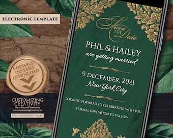 Emerald Green Save the date as Rehearsal Dinner invite, Jewel Tone Save the date Emerald as Green & Gold Save the Date digital Indian invite