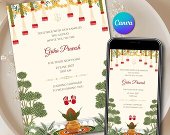 Modello di invito per carta Gruhapravesam, invito per l'inaugurazione della casa indiana Canva, design Griha Pravesh Stampabile e download istantaneo digitale