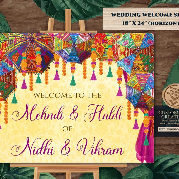 Mehndi-välkomstskylt: Indisk bröllopsparaplydekoration (digital nedladdning)