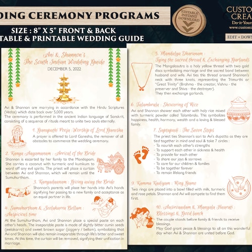 South Indian Wedding Program Guides as Tamil Ceremony Program Etsy