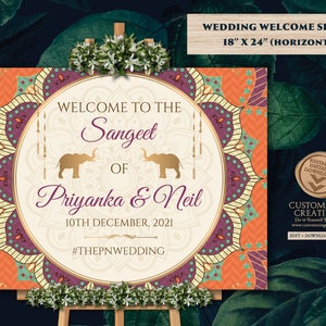 Indian Welcome Signs for Mandala Wedding sign, Elephant Welcome Sign as Wedding Sangeet Sign, Indian Wedding Sign template as Ladies Sangeet