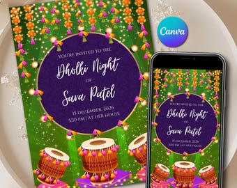 Editable Dholki Night Invite as Dholki Invitation Template Digital, Muslim Dholki Card Canva template as Printable Dholki night invitation