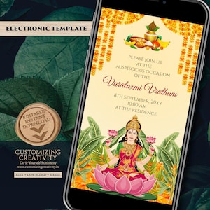Digital Laxmi Pooja Invitation Varamahalakshmi Vratham Invite, Laxmi Puja invite & Lakshmi Puja Invitation, Digital Varalaxmi Pooja Invite