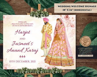 Sikh Wedding Welcome Signage as Anand Karaj Signage, Indian Wedding Welcome signs & Sikh Welcome Signs, Gurudwara Wedding Signage Entry Sikh