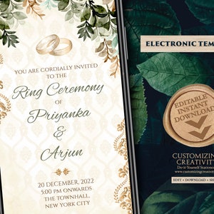 Invitations à la cérémonie de l’anneau numérique et WhatsApp Engagement invite Indien, carte de cérémonie de bague numérique comme modèle Invitations de fiançailles Électronique