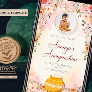 Inviti di Annaprashan Invito alla cerimonia di svezzamento, Invito di Annaprashana e Invito di Annaprasan, Inviti di Pasni come primo invito per l'alimentazione del riso