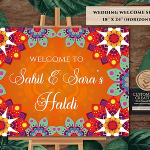 Letrero de bienvenida Haldi: Decoración para bodas indias (45,7 x 61 cm, horizontal) (Descarga digital)