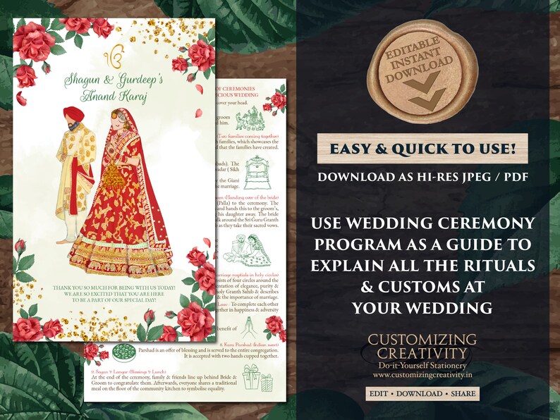 Anand Karaj guide Punjabi Ceremony as Sikh Wedding guide template, Sikh ceremony guide & Sikh ceremony program, Punjabi Wedding program Sikh image 5