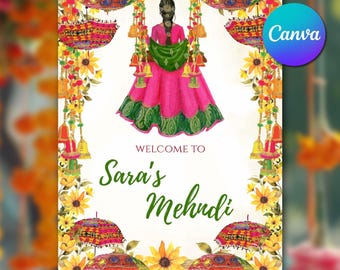Mehndi Welcome Sign Template, Indian Wedding Mehendi Sign Canva, Mehndhi Ceremony Sign Printable, Indian Mehendi Decor Sign