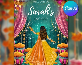 Modello di tela per insegna Punjabi Jaggo, insegna di benvenuto Jaggo stampabile, insegna di benvenuto per matrimonio indiano, insegna notturna Jaggo, decorazioni per matrimonio Punjabi
