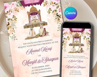 Sikh Wedding Invitation Template Canva | Anand Karaj Invite Editable | Blush Floral Punjabi Wedding Card Digital Download Printable