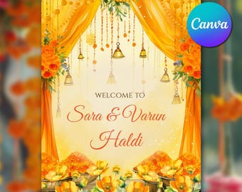 Haldi Sign Welcome Template, Indian Wedding Welcome Sign Canva, Wedding Haldi Ceremony Sign Printable Indian Wedding Decor