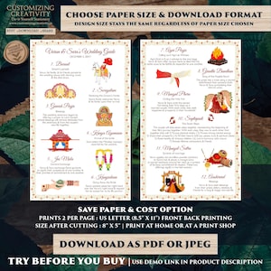 The image is a printed guide or booklet with various Indian wedding rituals and traditions, including a list of rituals and their significance.