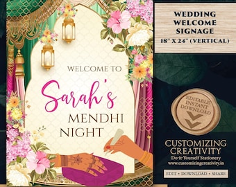 Mehndi Welcome Sign Template: Indian Wedding Decor (18x24" PDF Download)