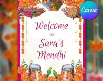 Mehndi Welcome Sign Template, Indian Wedding Mehndi Sign Canva, Mendhi Ceremony Sign Printable, Mehendi Wedding Decor Sign Instant Download