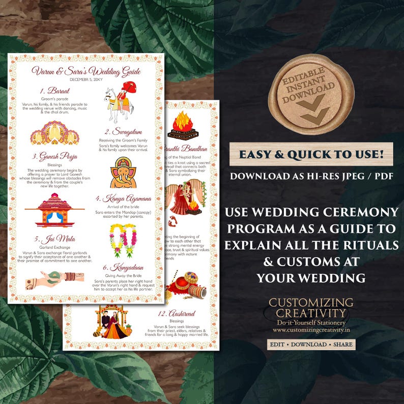 The image is a promotional material for a wedding ceremony guide, featuring a list of rituals and customs for a wedding ceremony. The guide is designed to help couples understand and explain all the rituals and customs at their wedding.