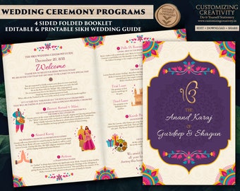 Sikh Wedding Programs template & Sikh Ceremony guides printable, Indian Wedding Guide Anand Karaj guides, Punjabi Ceremony Infographics Sikh