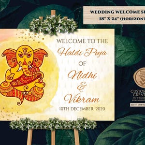 Ganesha Wedding-welkomstbord: Haldi Puja, Indiaas decor (digitale download)