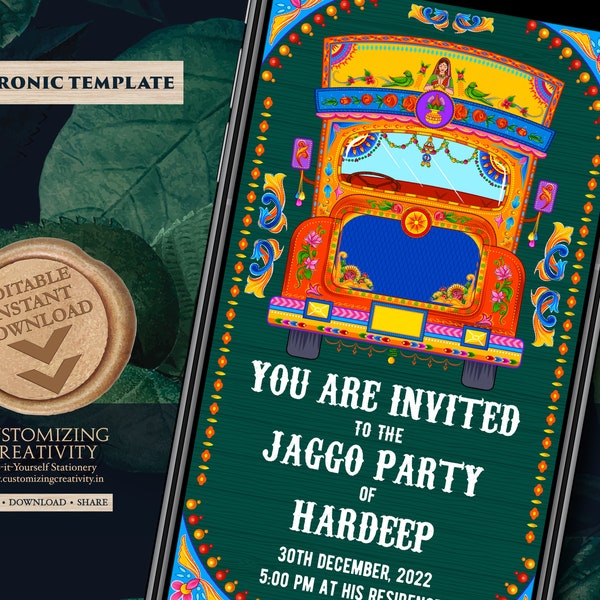 Jago Party invite & Bollywood party invite digital, Jaggo invites as Indian truck art invites, Jaggo Night invites, Punjabi party invitation