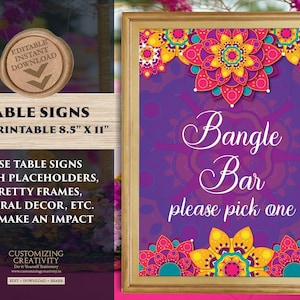Desi Wedding decor Bangle ceremony & Henna station signs, Bangle Bar signs Mehndi decoration, Mehndi decor as Haldi decor, Food station sign