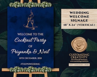 Cocktail Welcome sign as Indian Wedding sign, Navy Welcome Sign as Wedding Welcome sign, Navy Wedding Signage template as Party Welcome Sign