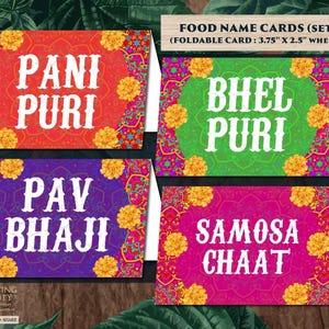 Indian wedding decor Food Label Indian, Indian Food tags Mehndi decor, Indian Menu place card & Mehndi decoration, Indian dinner food card