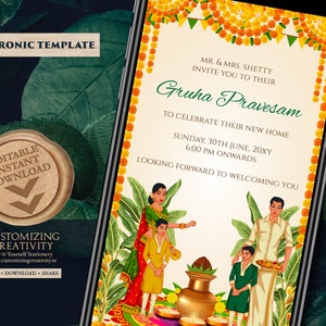 Digitale Inwijdingsfeest uitnodiging Gruhapravesam uitnodiging, Gruhapravesham uitnodigen & Grihapravesh uitnodigen, Indiase Inwijdingsfeest kaart Pooja uitnodigen