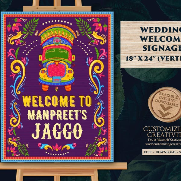 Jaggo välkomstskylt: Punjabi lastbilskonst, Bollywood-dekor (digital mall)