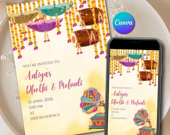 Digital Dholki Mehndi Invitation Canva Template | Dholak Night Invite Editable | Yellow Marigold Indian Wedding Card Download
