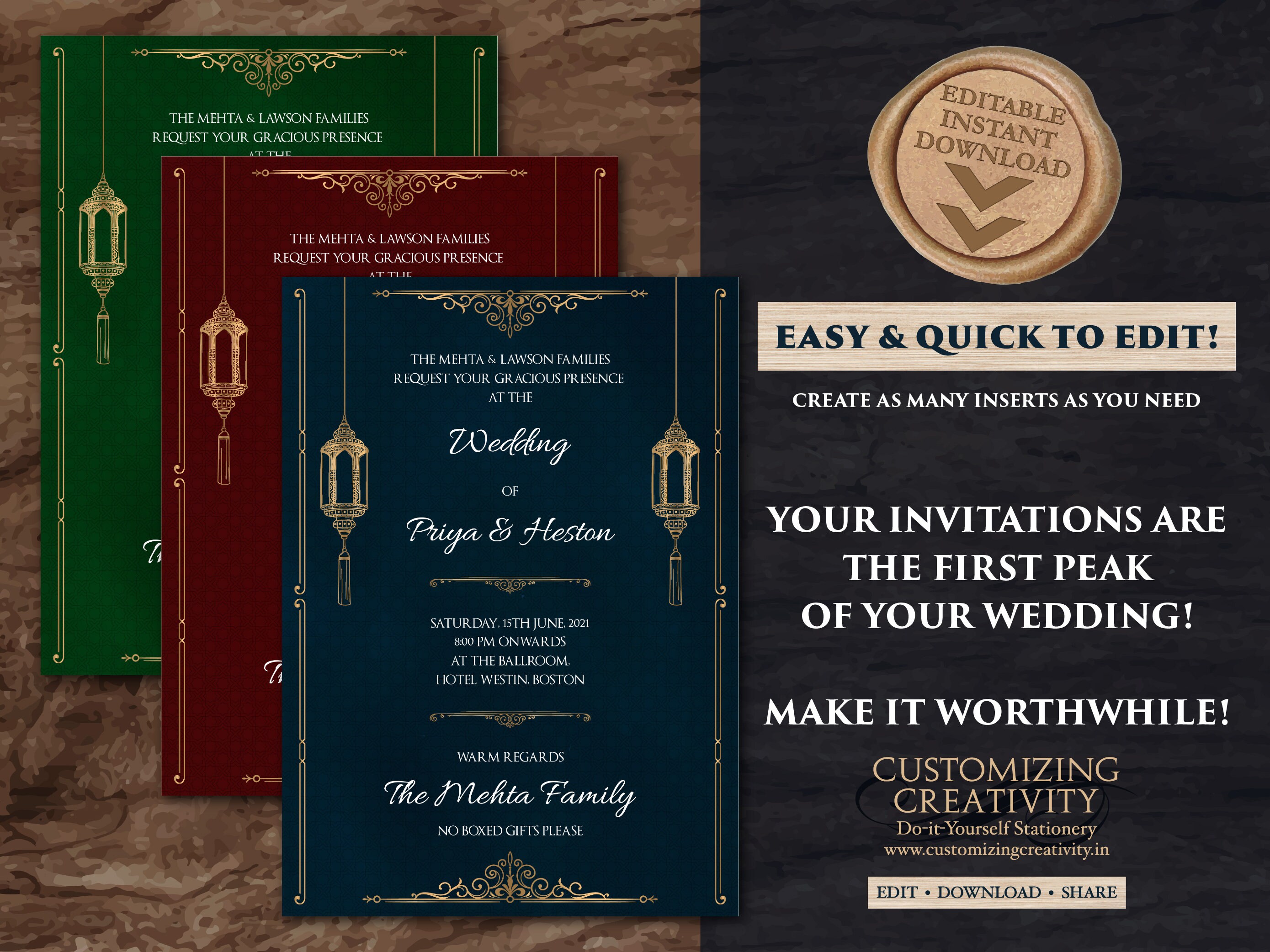 Jewel Tone Wedding Invitation Download for Fall Wedding | Etsy