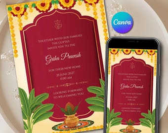 Modello di invito Griha Pravesh Telugu, invito per l'inaugurazione della casa indiana in oro rosso Canva, Gruhapravesam digitale stampabile Download immediato Tamil