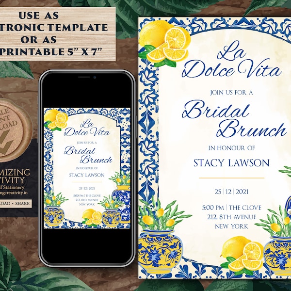 La Dolce Vita Bridal Invitation Italian Blue Tile & Lemon Bridal Shower Brunch Invitation, Mediterranean Tuscan Bachelorette Weekend Digital