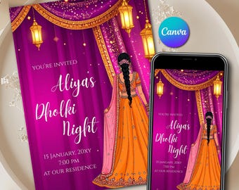Dholki Night Digital Invitation Canva Template Instant Download & Editable Muslim Dholki Bride Purple Gold Lantern WhatsApp Card