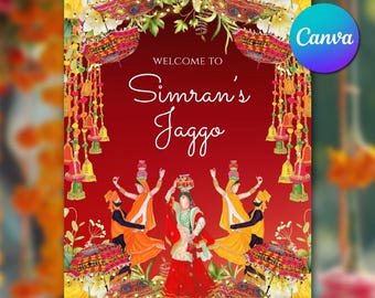 Modello di cartello di benvenuto Jaggo, cartello di benvenuto per matrimonio punjabi su tela, cartello stampabile per cerimonia Jaggo, cartello di benvenuto indiano, decorazioni per matrimonio punjabi
