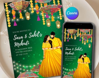 Mehndi Invitation Canva Template Digital Instant Download & Green Rajasthani Mehendi Card Printable Couple Mendhi invite for Mehndi ceremony