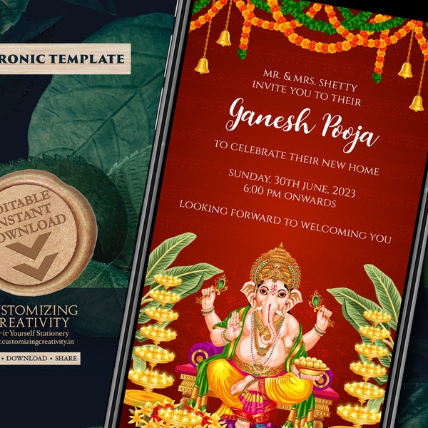 Pooja invite & South Indian Housewarming invitation, Gruhapravesam invitation as Griha pravesh invite, Indian House warming invite