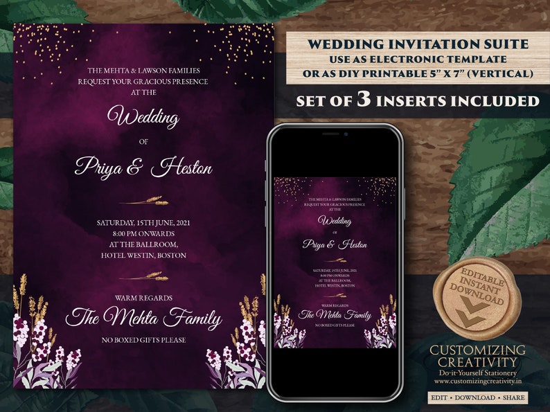 Jewel Tone Wedding Invitation Download for Fall Wedding | Etsy
