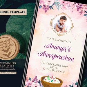 Invito alla prima cerimonia di alimentazione del riso Invito Pasni, cartoline Annaprashana e invito alla cerimonia di svezzamento, invito Annaprashan Invito Annaprasan
