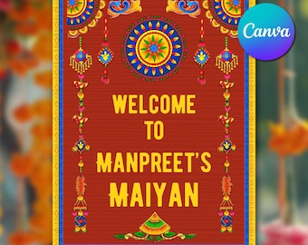 Modello di cartello di benvenuto Maiyan, cartello di benvenuto per matrimonio indiano con camion, decorazione Maiyan punjabi modificabile, modello Canva con download immediato