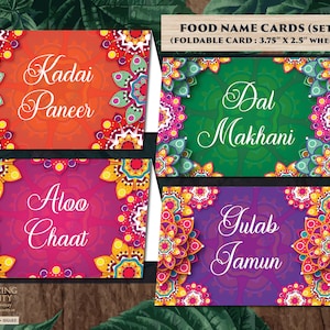 Étiquettes de nourriture indienne décor Mehndi, carte de lieu de menu indien et décoration Mehndi, décor de mariage indien étiquette alimentaire indienne, carte de nourriture de dîner indien