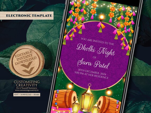 Digital Dholki Invitation: Mehndi, Pakistani Wedding (Electronic Template)