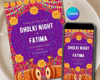 Dholki Invitation Template Digital as Dholki Night Invite Editable, Muslim Dholki Card Canva template as Printable Dholki night invitation